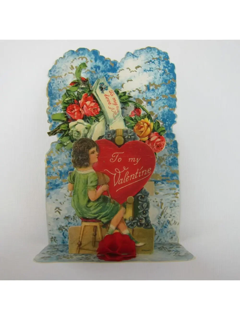 Vintage Valentine Honeycomb 3D Pop Up Die Cut Girl Painter Blue Red Heart Roses